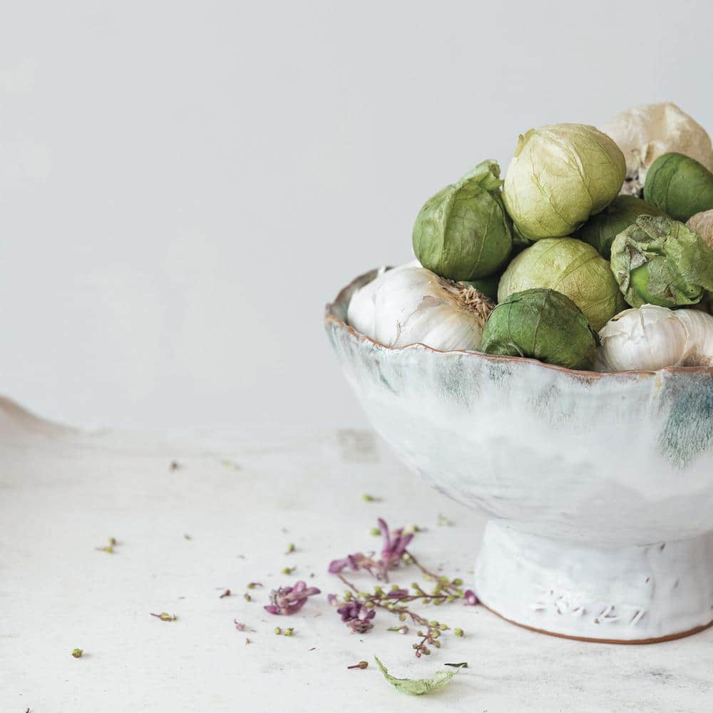 Green and Brown Stoneware Serving Bowl with Stand