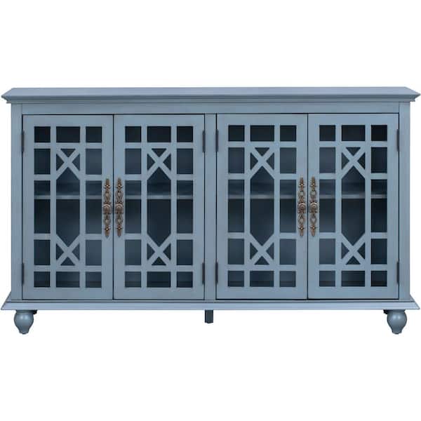 Unbranded 60 in. W x 15.7 in. D x 33.8 in. H Teal Blue Linen Cabinet with Adjustable Height Shelves, Metal Handles, 4 Doors