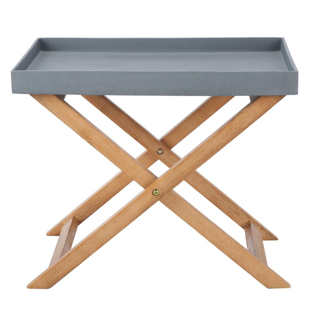Terance Natural Acacia Wood Outdoor Side Table with Gray Tray