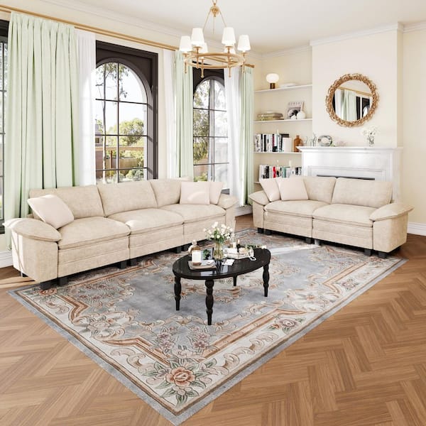 123.6 in. 5-Seat Chenille Flared Arm Modular Sectional Sofa in. Beige with 5 Throw Pillows for Living Room