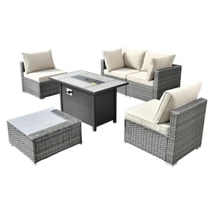 Sanibel Gray 6-Piece Wicker Outdoor Patio Conversation Sofa Sectional Set with a Metal Fire Pit and Beige Cushions