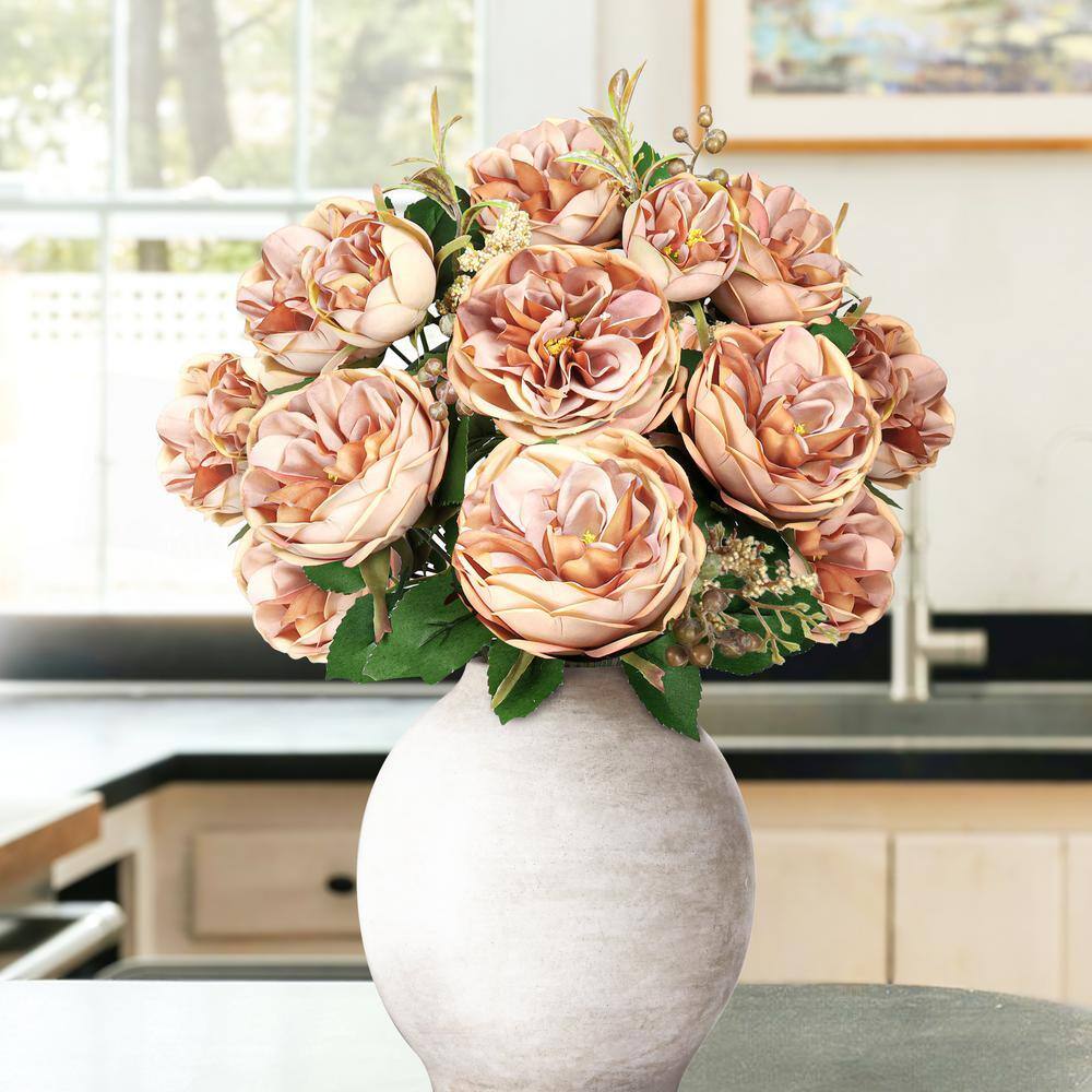LIVING LUXURY 18 in. Cafe Artificial Cabbage Rose Flower Stem Bush