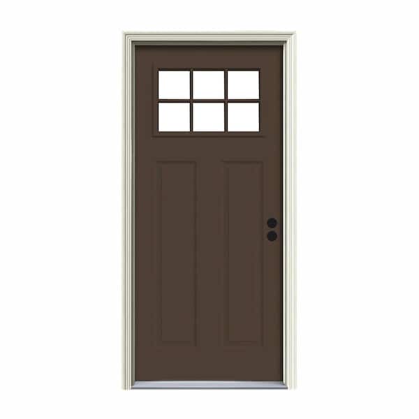 JELD-WEN 30 in. x 80 in. 6 Lite Craftsman Dark Chocolate Painted Steel Prehung Left-Hand Inswing Front Door w/Brickmould