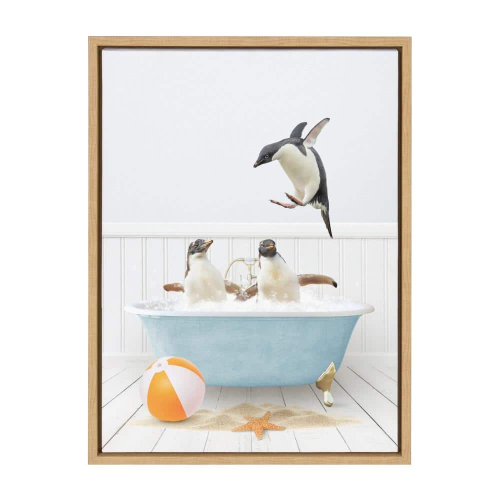 Natural Framed Canvas Art with Penguins in Beach House Bath, 18x24