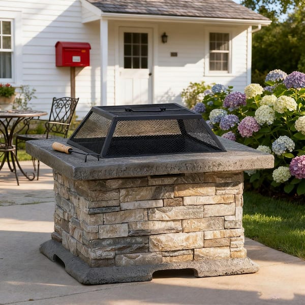 Outdoor 29 in. Stone Gray Square Wood Burning Patio Fire Pit