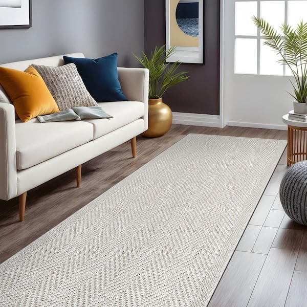 Odyssey White 2 ft. x 7 ft. Striped Chevron Easy Jute Washable Modern Indoor Outdoor Area Rug
