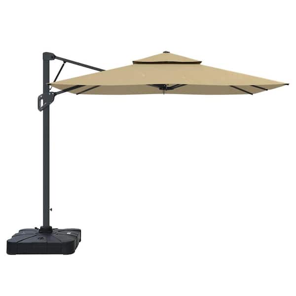 Clihome 10 ft. x 10 ft. Outdoor Pneumatic Lever Cantilever Umbrella Patio Umbrella in Khaki with Umbrella Base