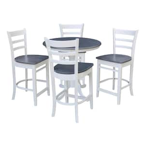 Set of 5-pcs - White/Heather Gray 36 in. Solid Wood Counter-height Ped Table and 4 Stools