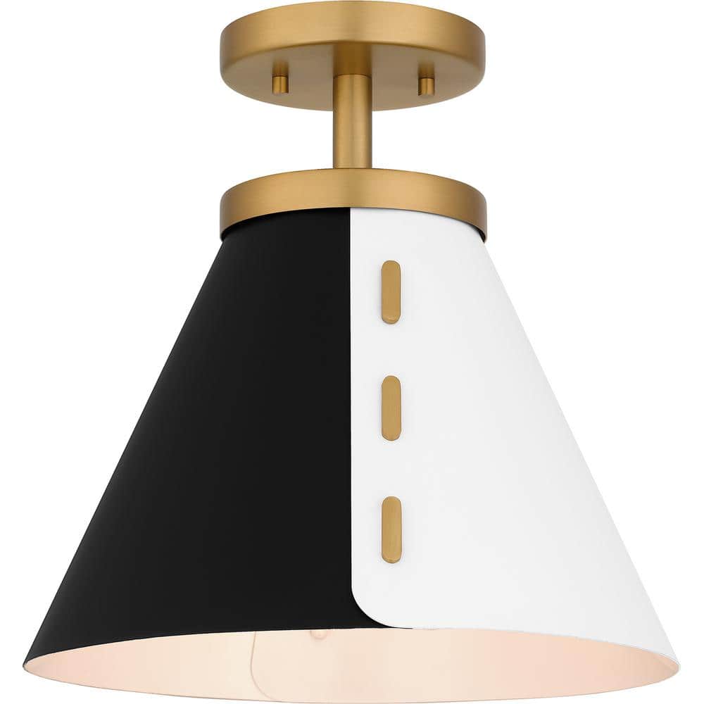 12" Black and White Glass Semi-Flush Mount with Brass Accents