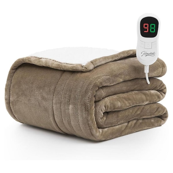 Angel Sar Beige 50 in. x 60 in. Flannel Sherpa Electric Throw Blanket with 10 Heat Levels and 1/2/4/6/8 Hours Auto-off