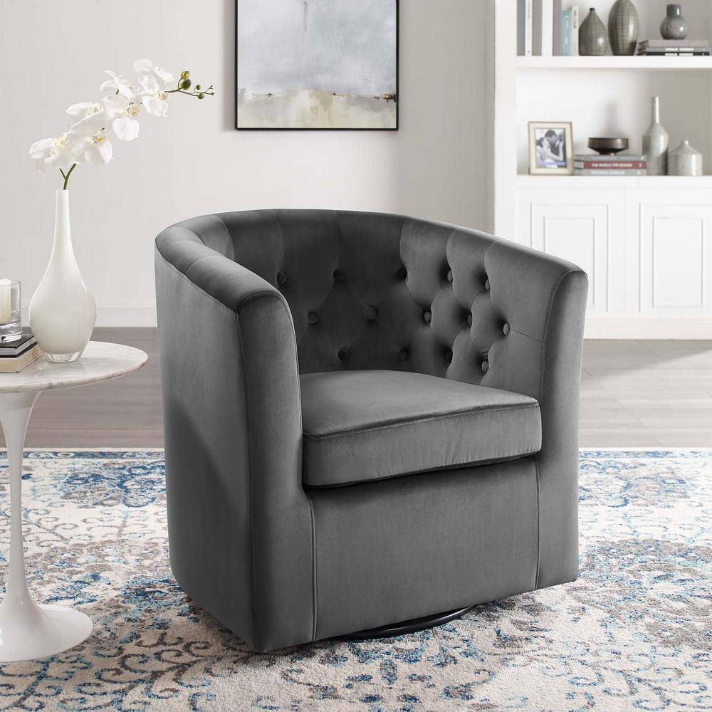 Charcoal Velvet Barrel Swivel Accent Chair with Tufted Accents