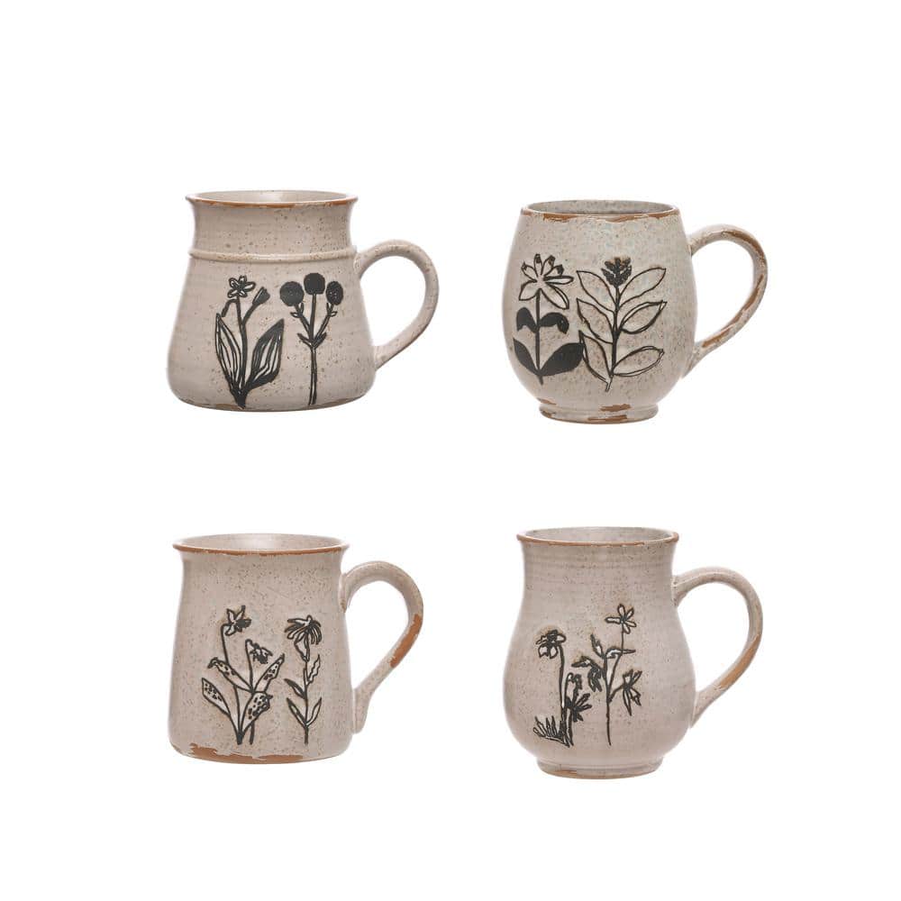 Set of 4 White Ceramic Mugs with Floral Designs