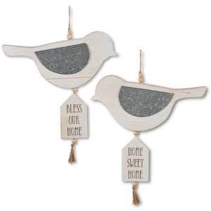 16.13 in. H White Wood and Metal Hanging Bird Wall Decor (Set of 2)