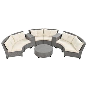 9-Piece Beige Wicker Outdoor Sectional Set with Beige Cushions