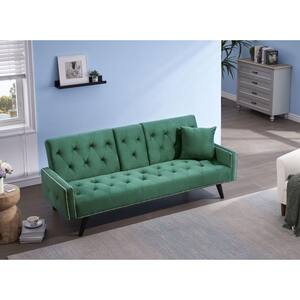 72.4 in. Width Green Velvet Twin Size Sleeper Sofa Bed with Two Cup Holders, Nail Head Trim, One Pillow