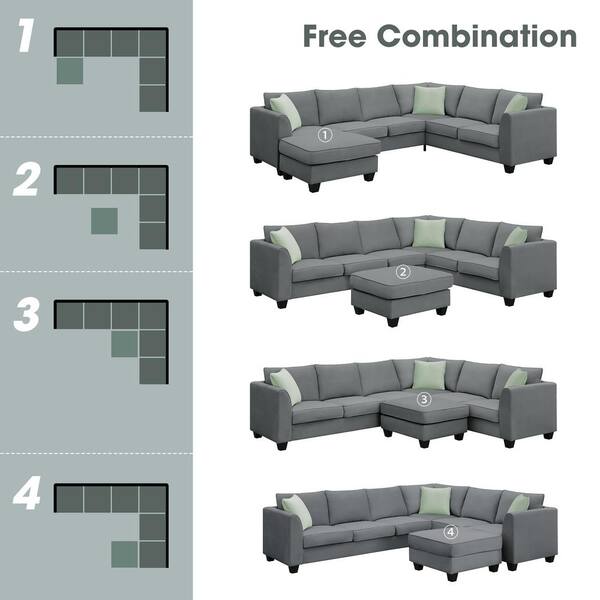 112 in W Flared Arm Fabric L Shaped Sofa Corner Couch Set in Black Wit