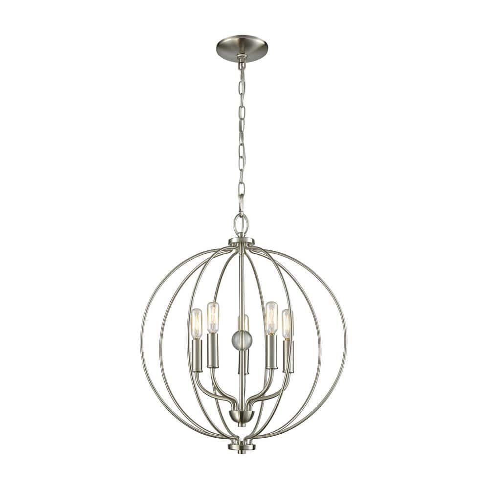 Brushed Nickel Mini Cage 5-Light Chandelier with Clear Glass Orb