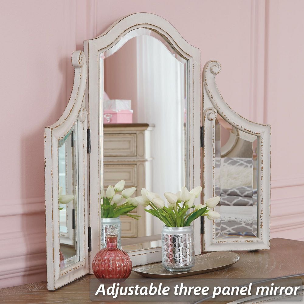 Rustic White 3-Drawer Vanity Set with Bench and Mirror