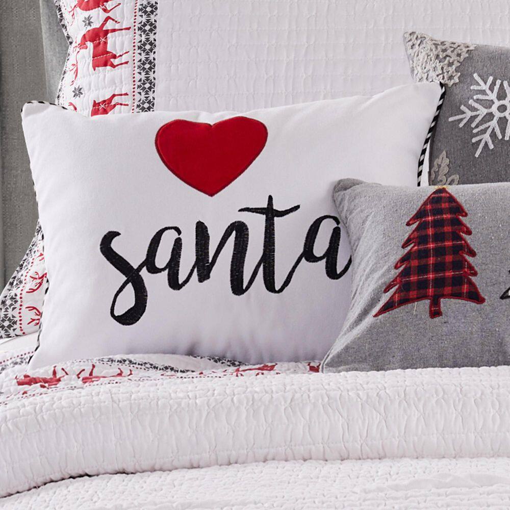 White and Red Embroidered Santa Heart Holiday Pillow