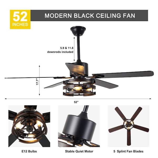 Terre 52in. Indoor Standard Black Downrod Modern Industrial Ceiling Fan w/Light, Reversible 6-Speed Ceiling Fan w/Remote