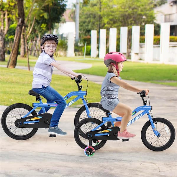 16 in. LED Lighted Kids Bike with Adjustable Seat Coaster Brake Training Wheels Blue