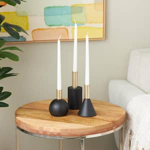 Black Wood Geometric Candle Holder with Varying Shapes and Gold Accents (Set of 3)