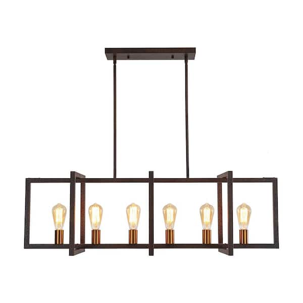 HUOKU Libertab 6-Light 43.3 in. W Rustic Copper Chandelier Rectangular Kitchen Island Hanging Light with Brass Accents