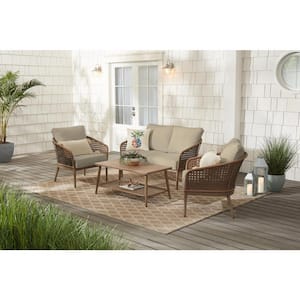 Coral Vista 4-Piece Brown Wicker and Steel Patio Conversation Seating Set with CushionGuard Putty Tan Cushions