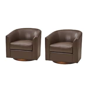 Meroy 30.5 in. Wide Brown Modern Swivel Barrel Faux Leather Chair with Solid Wood Base Set of 2