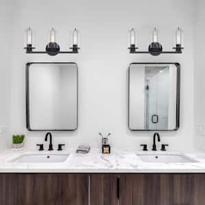 Skylar 24.5 in. 3-Light Matte Black Vanity Light with Clear Glass Shades for Bathrooms