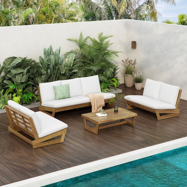 Teak Brown 4-Piece Wood Outdoor Patio Conversation Set with White Cushions
