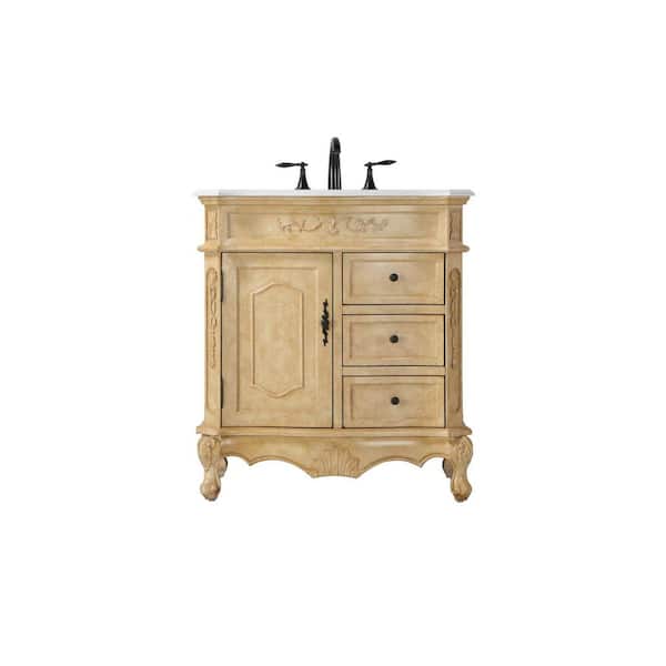 32 in. Single Sink Freestanding Antique Beige Bath Vanity with Ivory White Engineered Marble Top