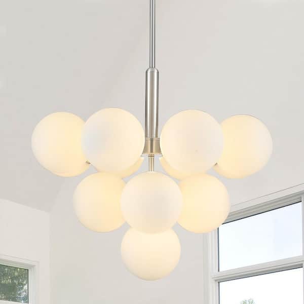 13-Light Nickel Round Pendant Light Hanging Linear Chandelier Lighting with Glass Shade for Kitchen Island