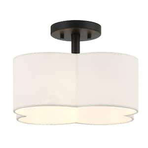 Hedgegate 14 in. 3-Light Matte Black Quatrefoil Semi-Flush Mount with Linen Shade