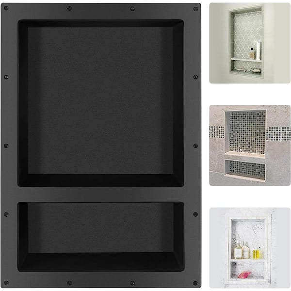 SEEUTEK 17 in. W x 25 in. H x 3.8 in. D Shower Niche Ready for Tile Double Shelf for Shampoo, Toiletry Storage in Black