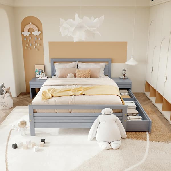 Qualler Gray Wooden Frame Full Size Platform Bed with 2 Beside Tables and 2-Drawers