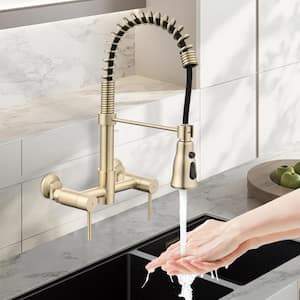 Double Handle Wall Mounted Bridge Kitchen Faucet with Pull-Down Sprayer Kitchen Faucet in Brushed Gold