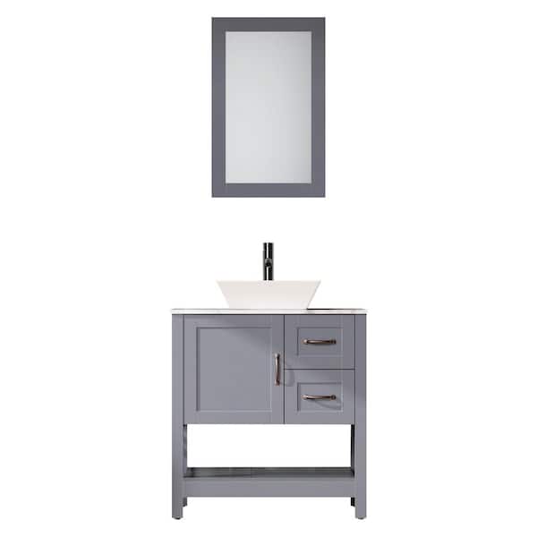 Unbranded 30 in. W x 18.5 in. D x 35 in. H Single Sink Bath Vanity in Gray with White Marble Top and Mirror/Faucet and Drain