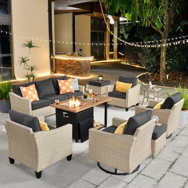 HOOOWOOO Oconee 9-Piece Wicker Patio Conversation Sofa Set with Swivel Rocking Chairs, a Storage Fire Pit and Black Cushions