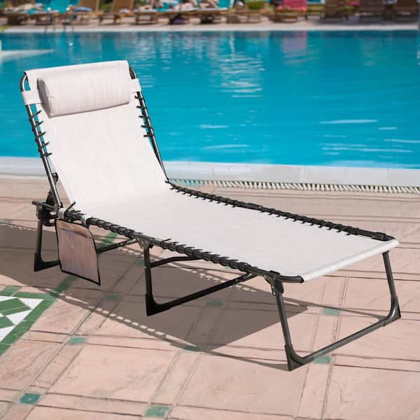 Outdoor Folding Chaise Lounge Chair Fully Flat for Beach with Pillow and Side Pocket, Beige