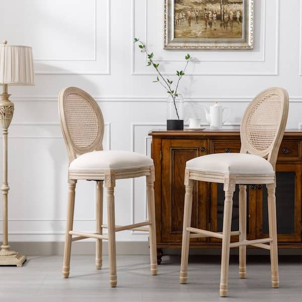 French Country 29.53 in. H Beige and Natural Solid Wood Bar Stools with Linen Upholstered Seat and Rattan Back, Set of 2
