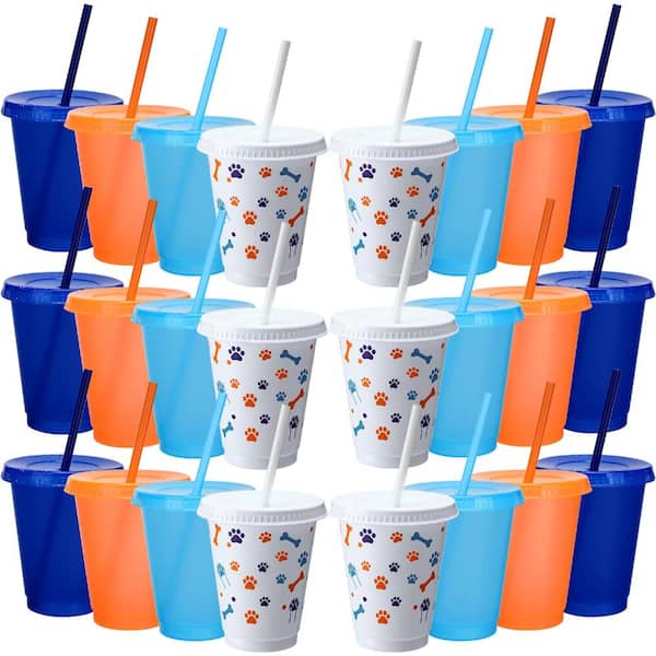 16 oz Blue Dog Paw Print Reusable Plastic Cup with Lid and Straw Birthday Party Supply (24-Pack)