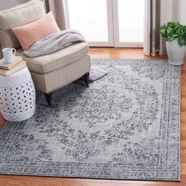 Journey Light Gray/Dark Gray 5 ft. x 8 ft. Machine Washable Border Floral Area Rug
