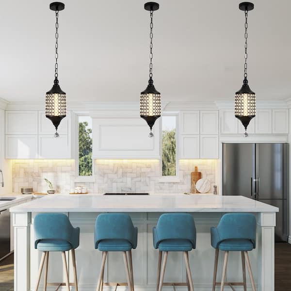 Brillio 1-Light Matte Black Elegant 6.7 in. Crystal Pendant Light with Adjustable Chain-Modern LED Chandelier, Islands