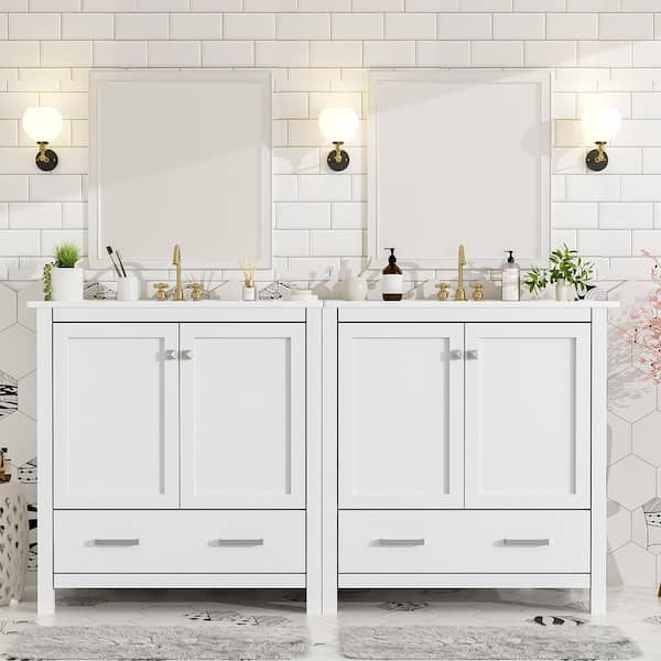 60 in. Double Sink Freestanding Separate White Bath Vanity Set with White Ceramic Top
