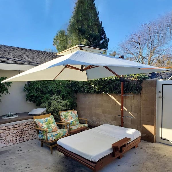 9 ft. Square All-aluminum 360-Degree Rotation Wood pattern Cantilever Offset Outdoor Patio Umbrella in Cream