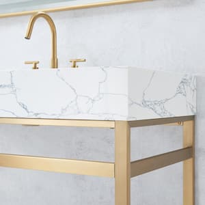 Ecija 48 in.W x 22 in.D x 33.9 in.H Single Sink Bath Vanity in Brushed Gold with White Stone Top and Mirror