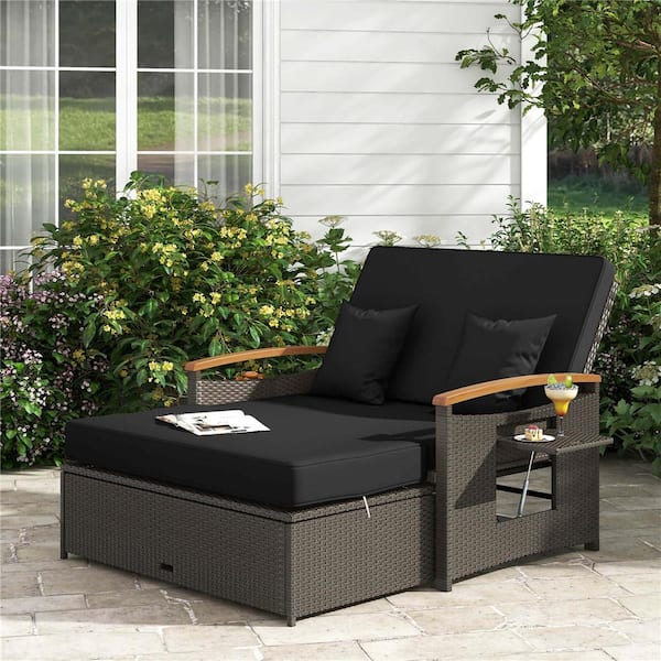 Costway 2-Piece Wicker Outdoor Day Bed Set with Cushioned Loveseat and Storage Ottoman for Porch with Black Cushions