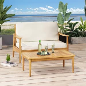 2-Piece Wooden Outdoor Loveseat plus Coffee Table for Backyard Patio Garden with Beige Cushions