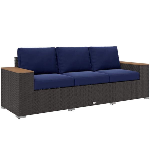 3-Seat Outdoor Patio Sofa, Wicker Outdoor Couch with Navy Blue Cushions